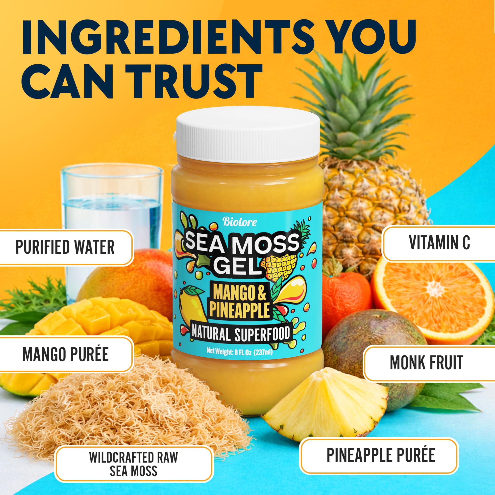 Biolore Sea Moss Gel Mango-Pineapple offers tropical flavor and nutrition.