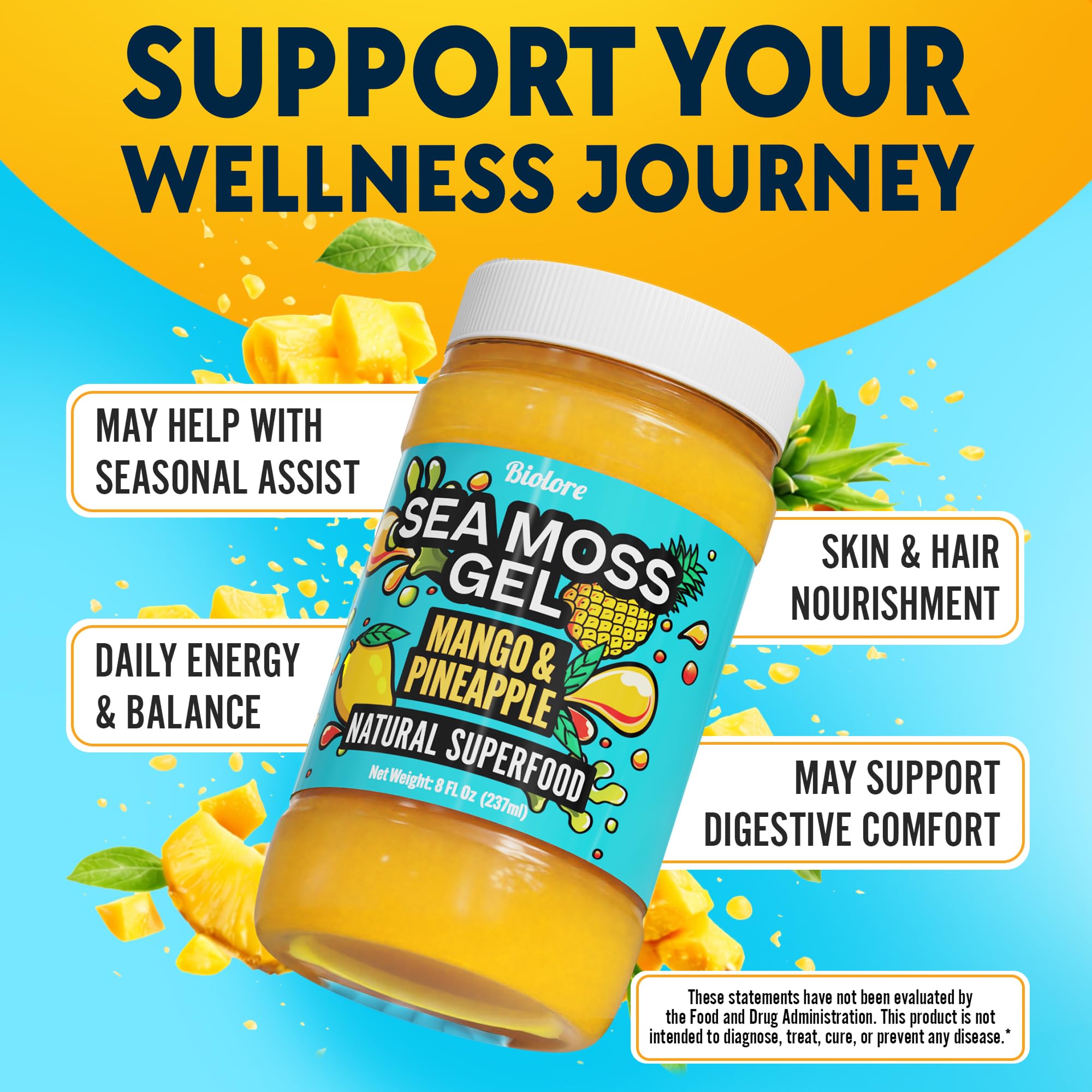 Biolore Sea Moss Gel Mango-Pineapple USA-made eight-ounce jar.
