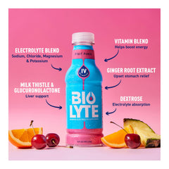 BIOLYTE Fruit Punch 12-pack carton for bulk hydration at home or work.