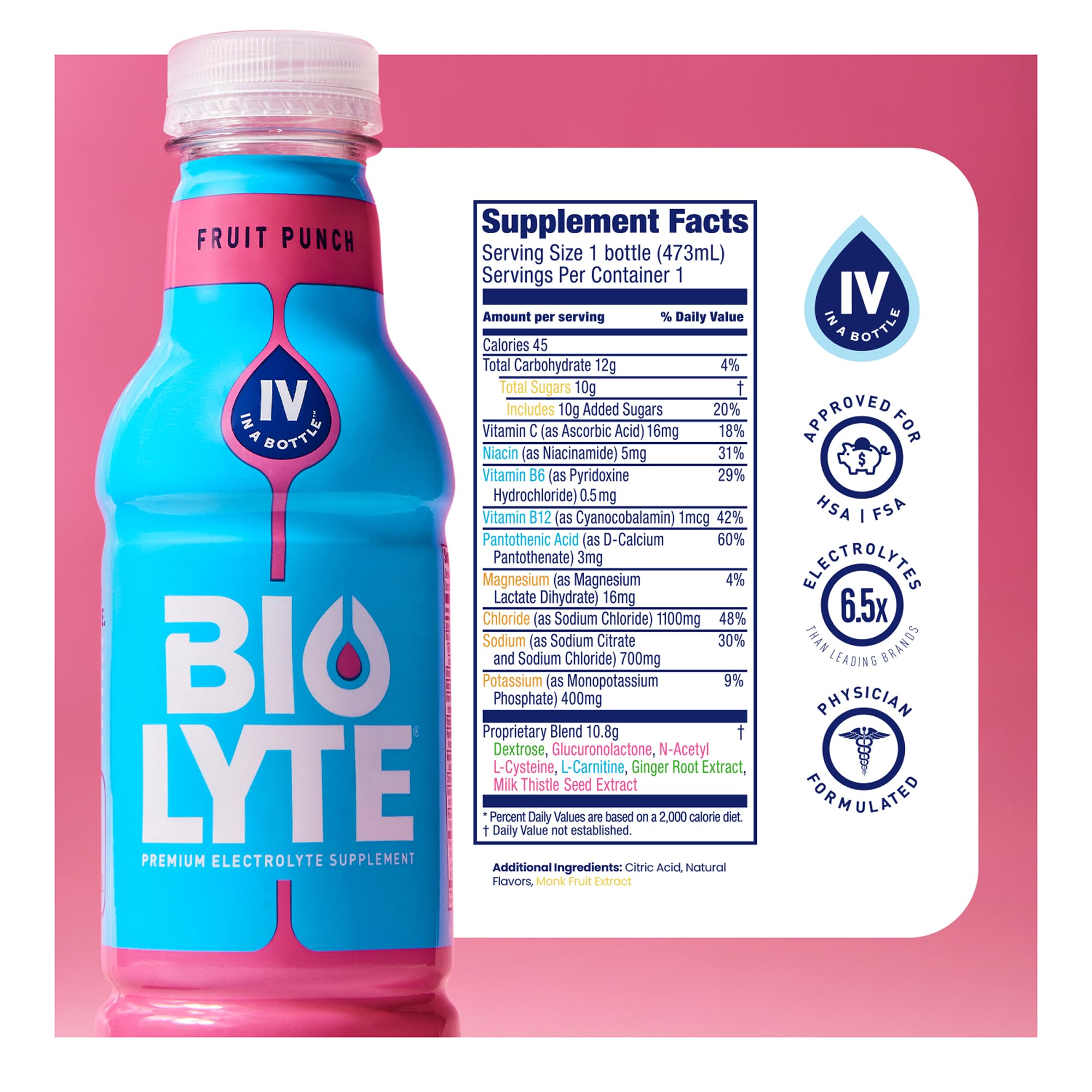 BIOLYTE Fruit Punch bottle being poured for quick hydration.