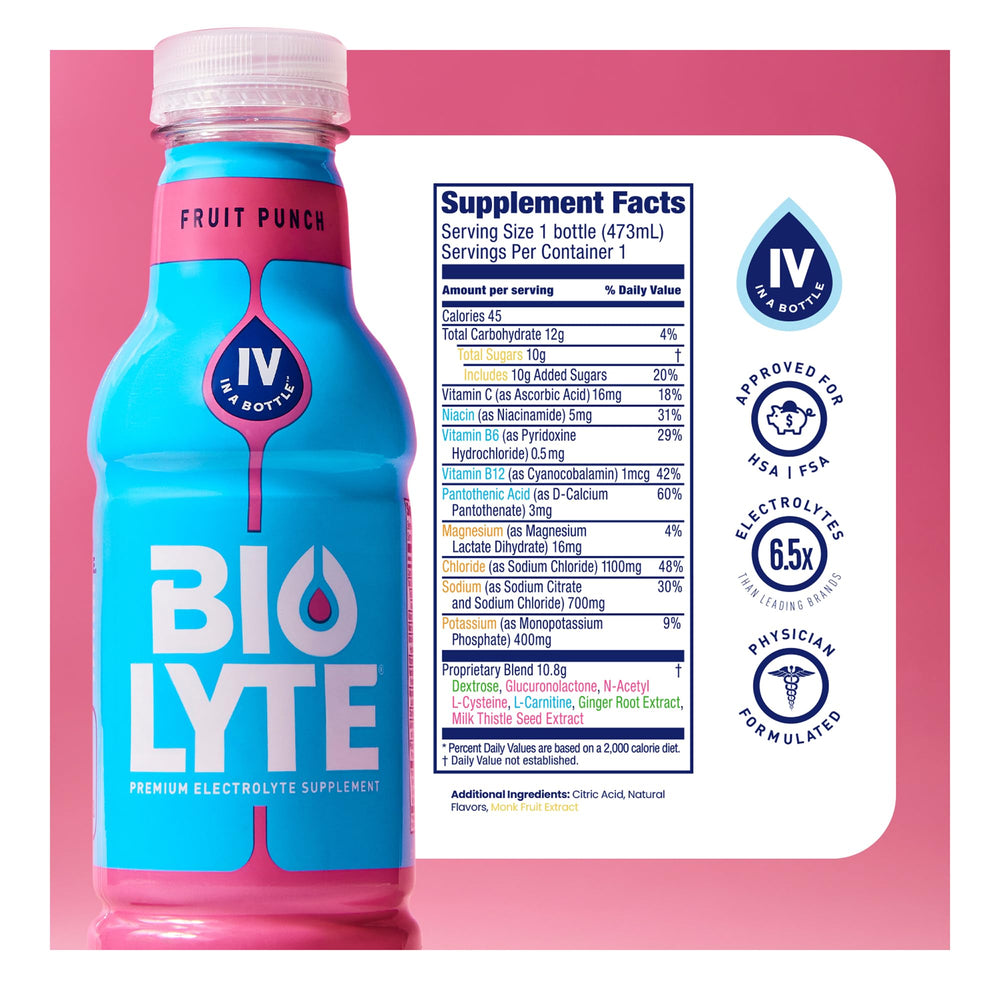 BIOLYTE Fruit Punch bottle being poured for quick hydration.