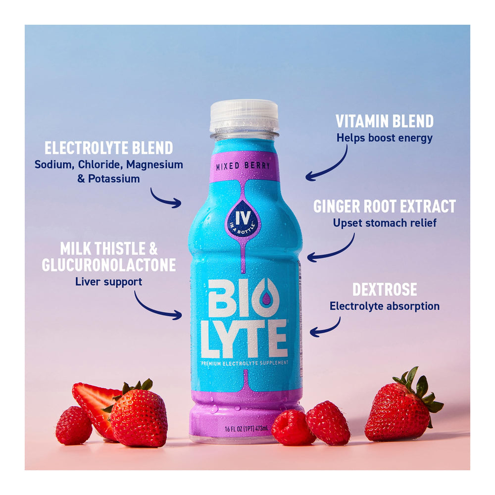 BIOLYTE glass with ice shows refreshing berry flavor.