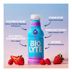 BIOLYTE glass with ice shows refreshing berry flavor.