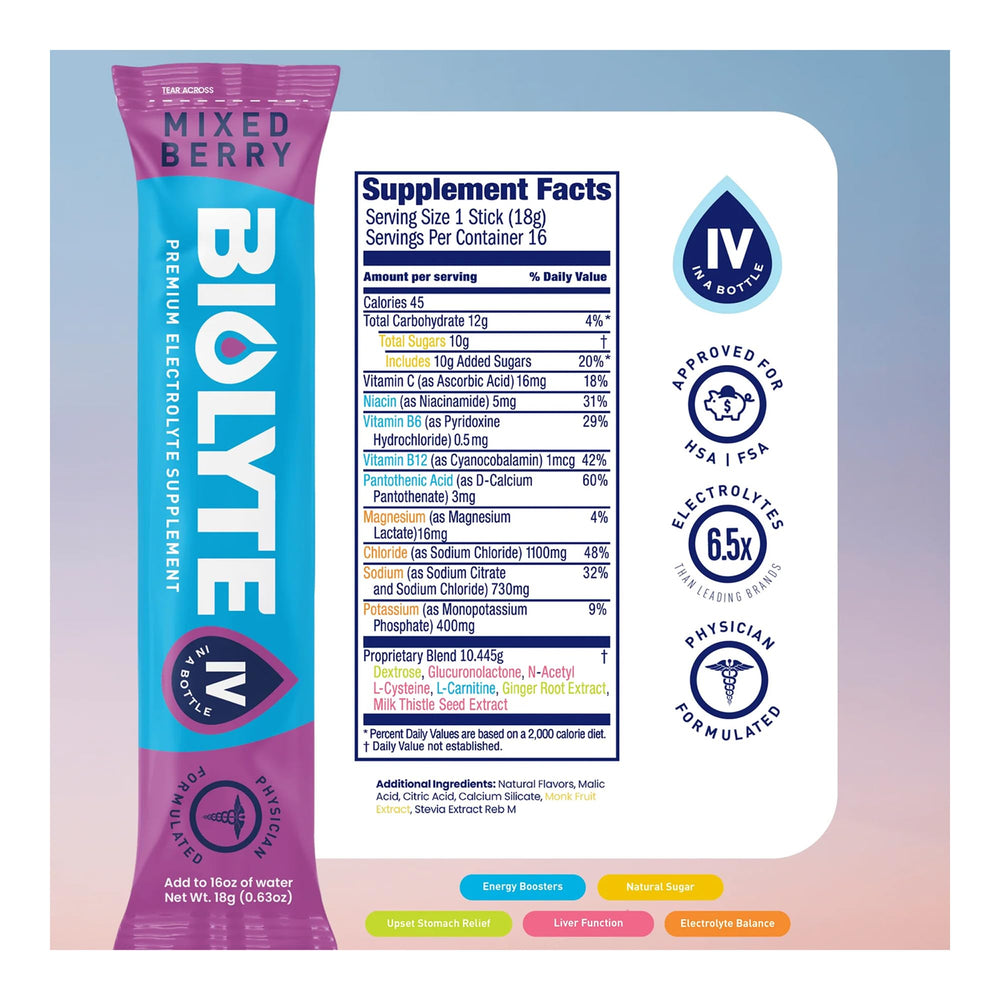 BIOLYTE mixed berry flavor packets ready to mix for hydration