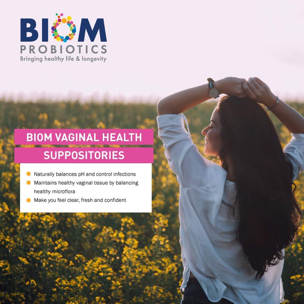 Biom Probiotics logo on packaging reinforces trusted, science-backed vaginal health regimen.