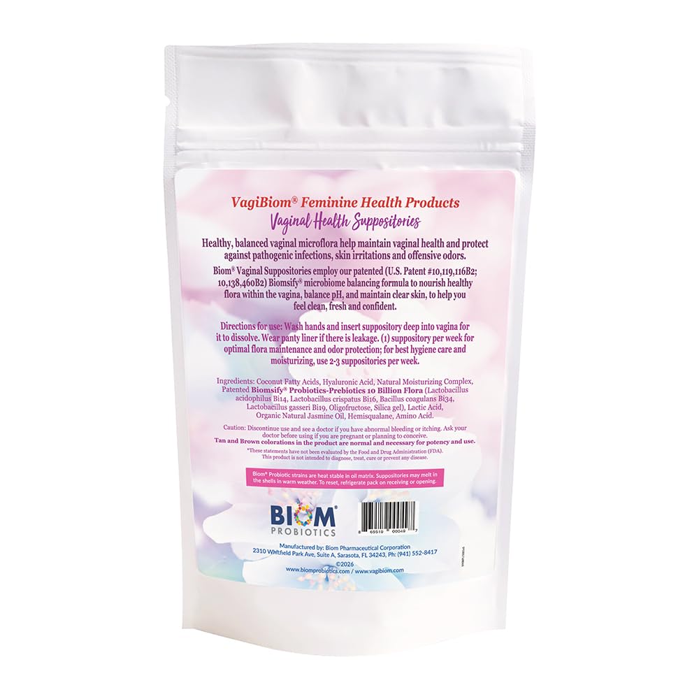 Biom Probiotics VagiBIOM packaging back highlighting vegan ingredients and paraben-free formula.