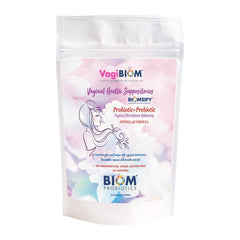 Biom Probiotics VagiBIOM packaging front shows vegan feminine care branding for daily freshness.