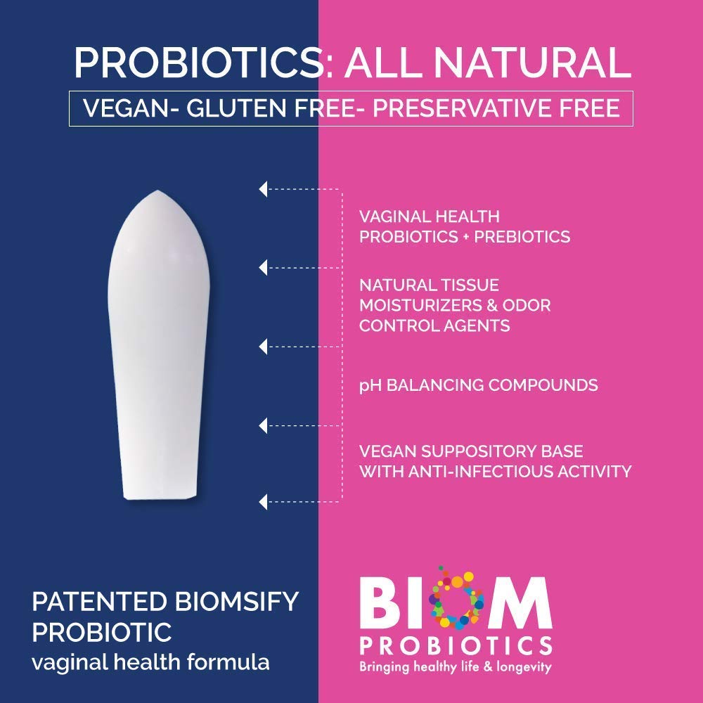 Biom Vaginal Probiotic Suppository closeup highlights smooth oval shape for easy insertion.
