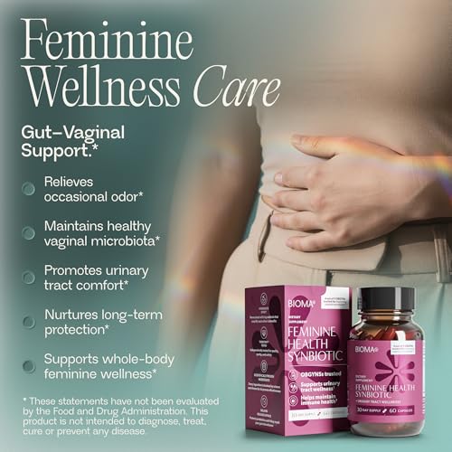 BIOMA bottle back showing directions for convenient daily feminine health use.