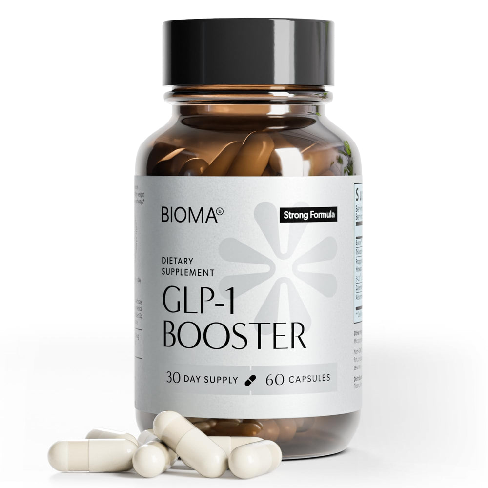 BIOMA GLP-1 Booster bottle front shows a clean design for daily appetite support
