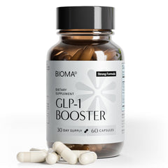 BIOMA GLP-1 Booster bottle front shows a clean design for daily appetite support