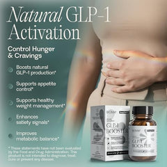 BIOMA GLP-1 Booster capsules pouring from a bottle suggest easy daily use before meals