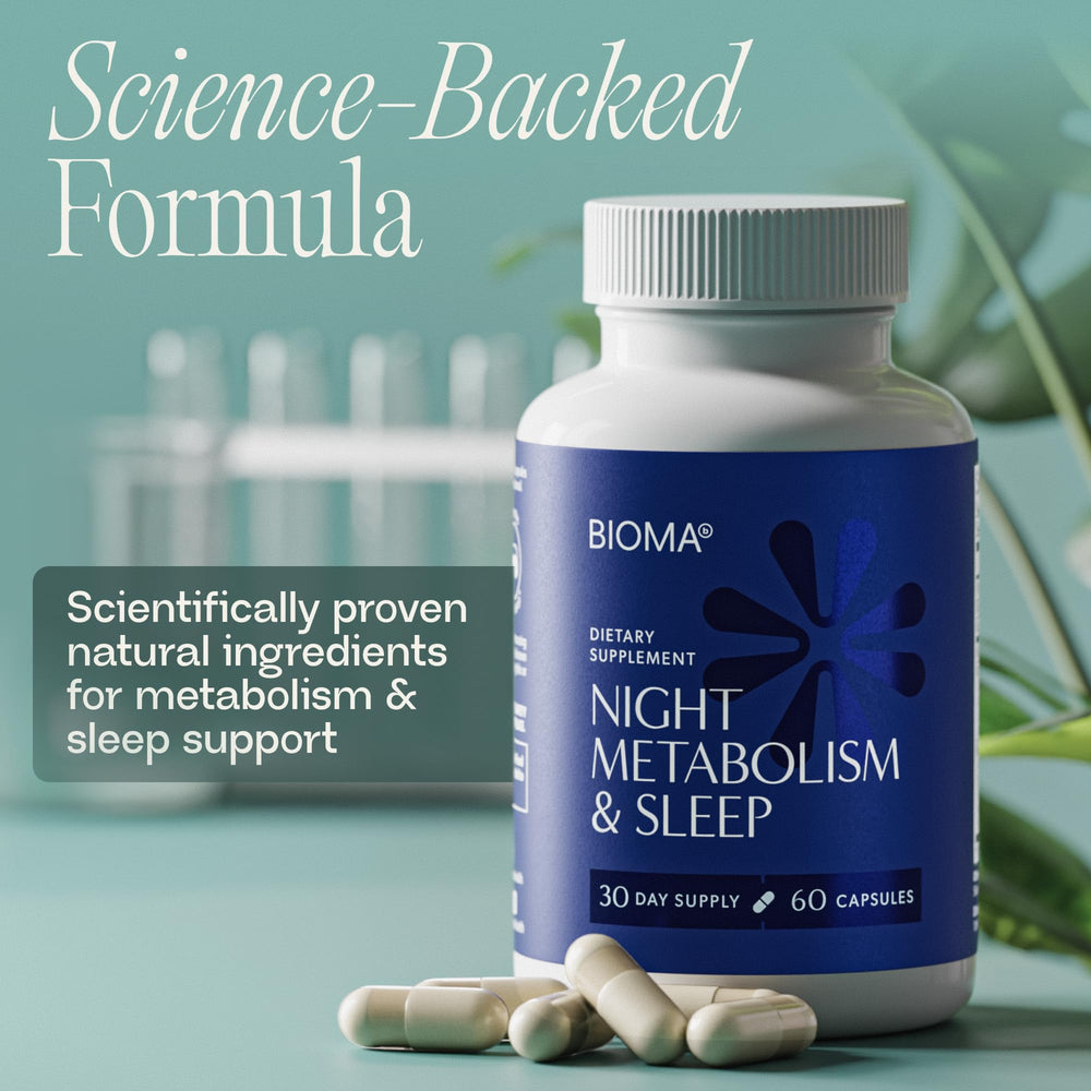 Calm nighttime scene showing BIOMA sleep support in a bedroom ritual.