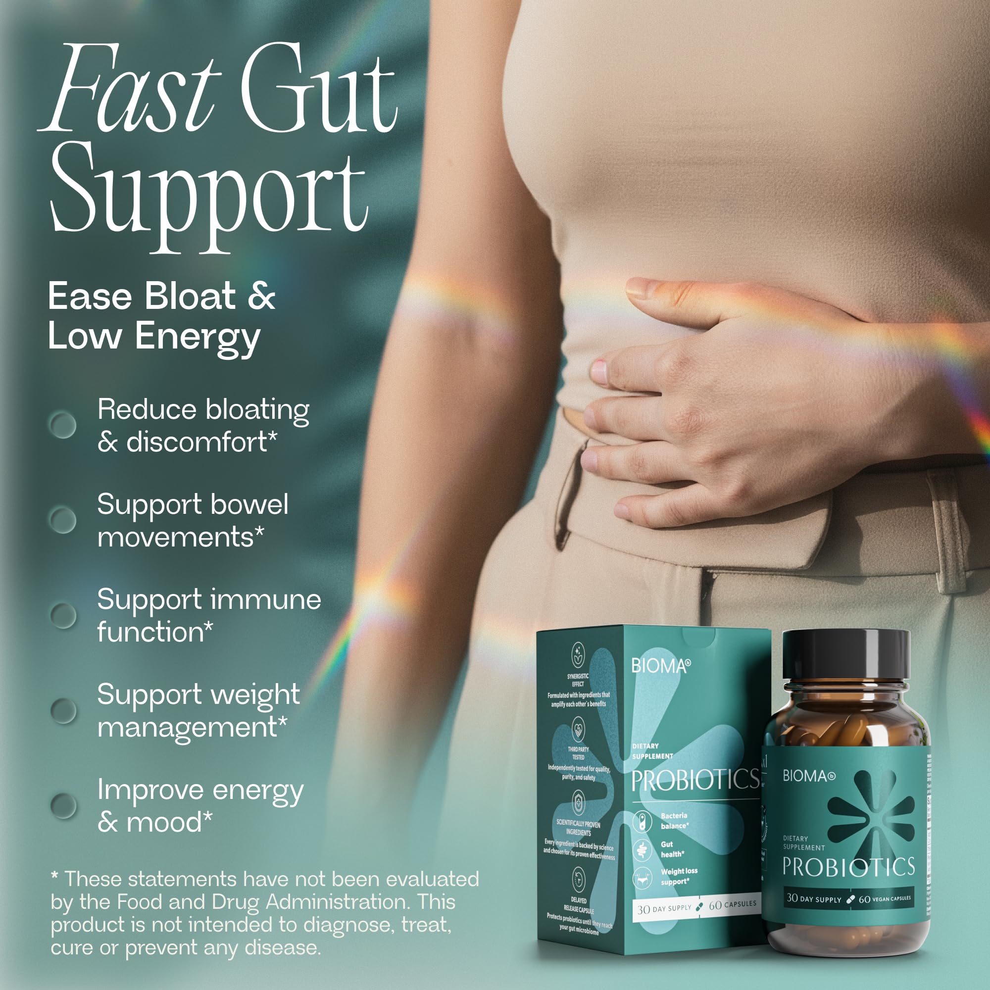 BIOMA Probiotics delayed-release capsules designed for targeted delivery to the intestines.
