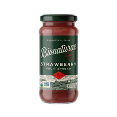 Bionaturae organic strawberry spread jar close-up showing natural ingredients.