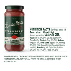 Bionaturae strawberry spread label front highlighting organic, no sugar added ingredients.