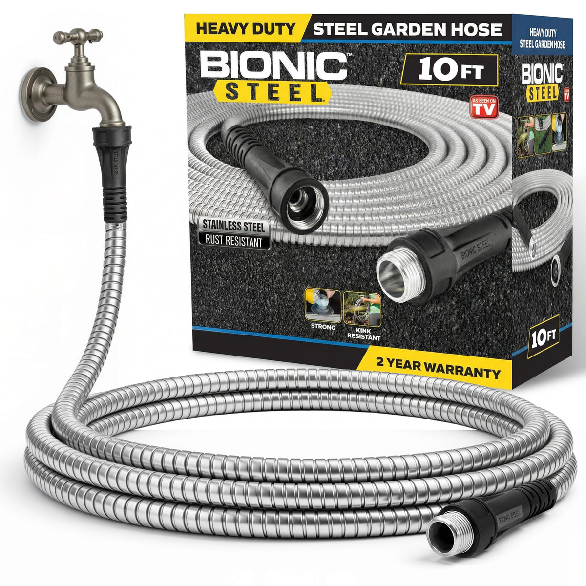 BIONIC STEEL short 10 ft hose extension attached to a reel for convenient watering.