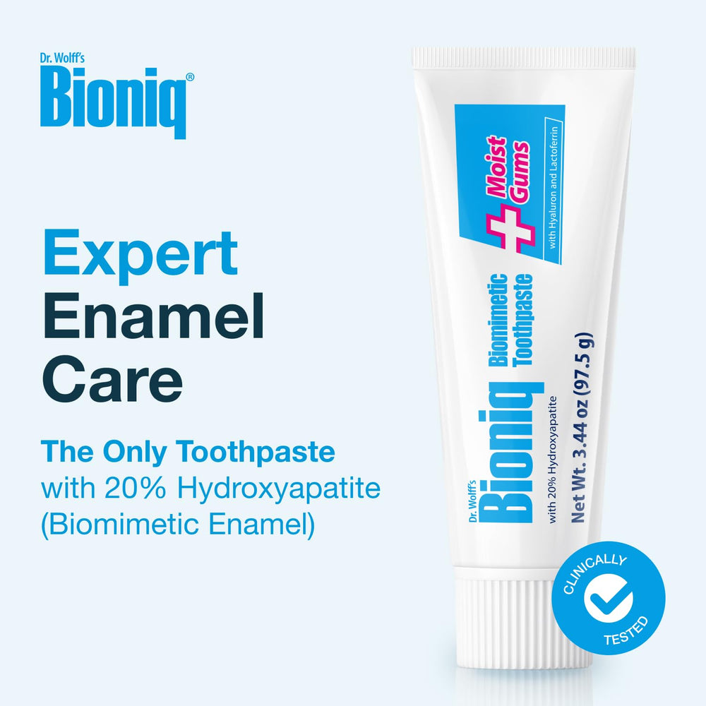 Bioniq Plus+ Gum Formula tube closeup emphasizes 20% bioHAP enamel support