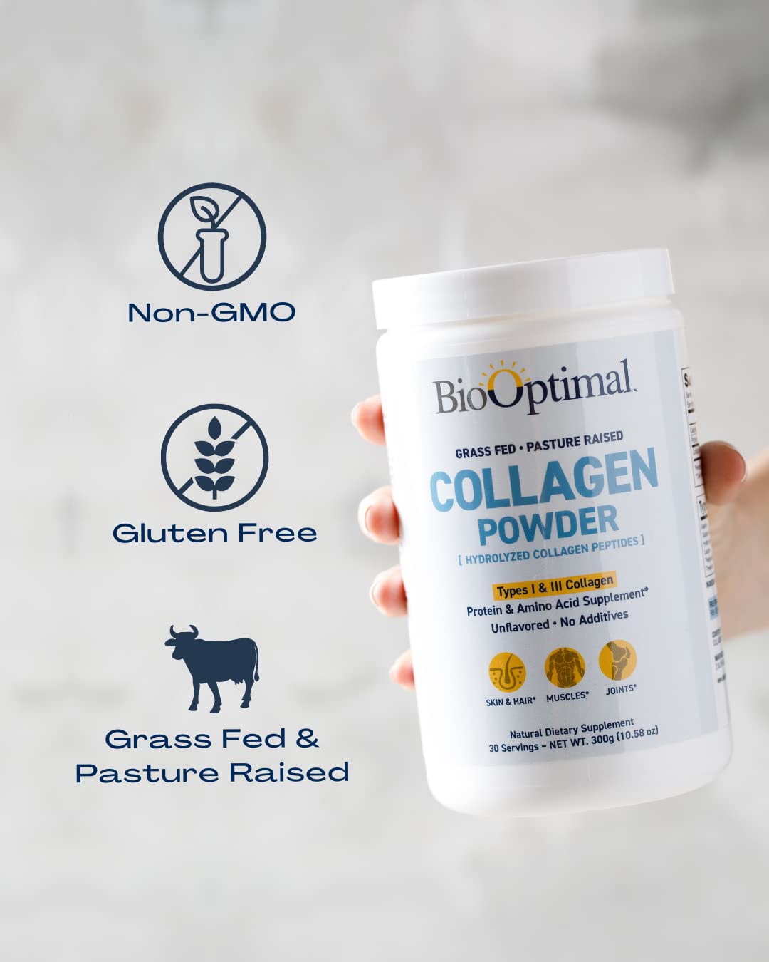 BioOptimal Collagen Peptides Powder bottle front view for convenient packaging