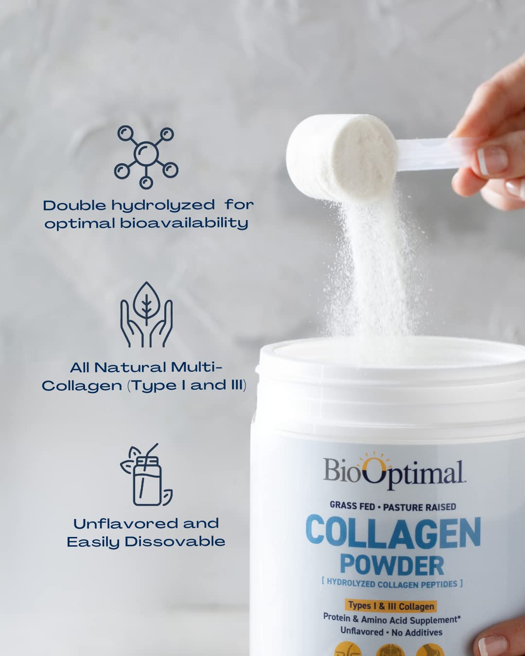 BioOptimal collagen powder blended into a smoothie for easy nutrition