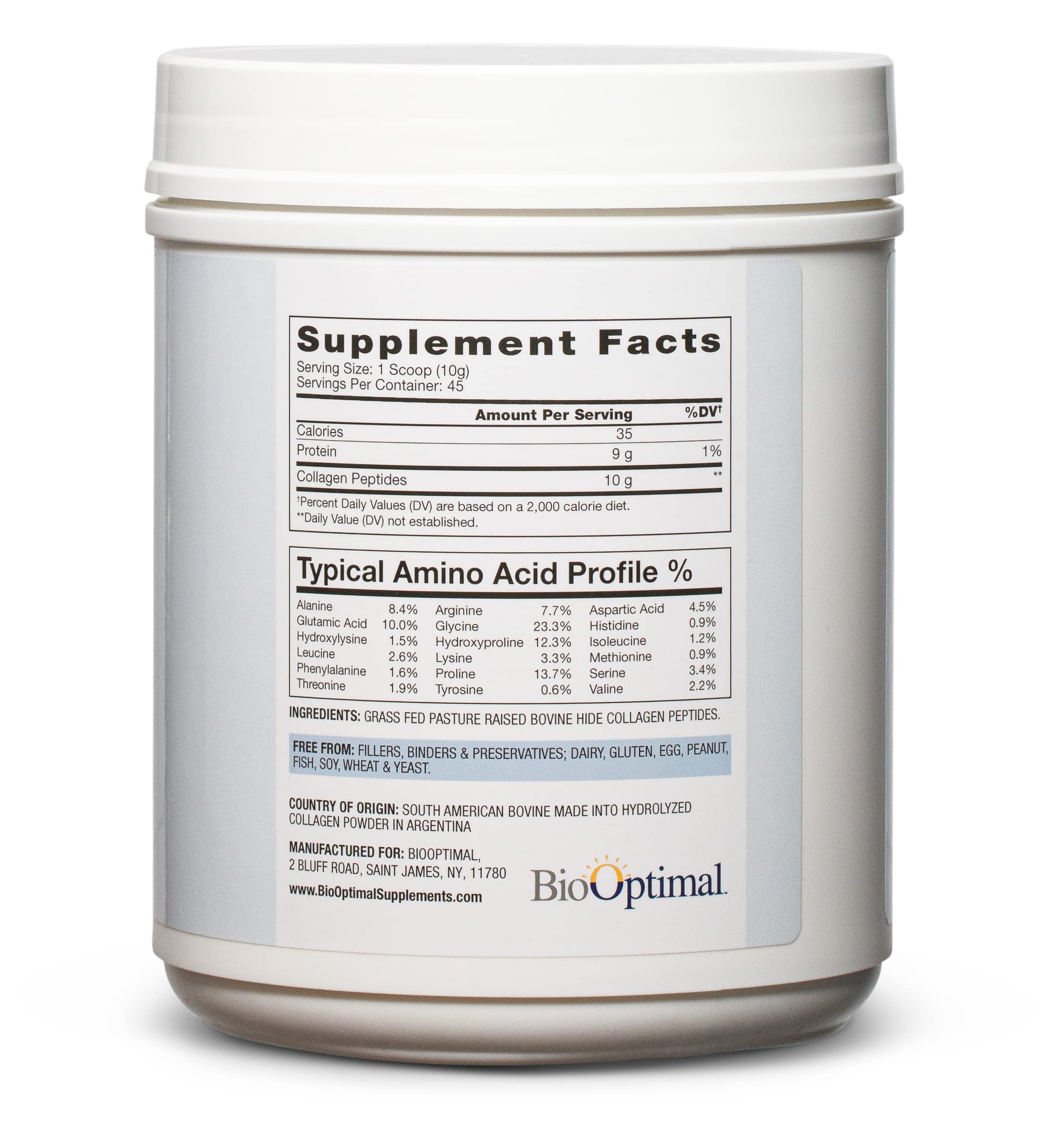 BioOptimal collagen powder label closeup highlighting grass-fed, non-GMO ingredients