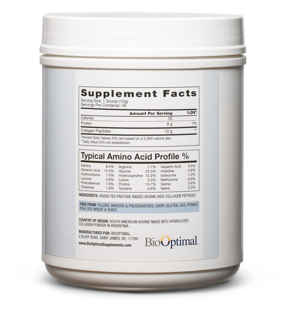 BioOptimal collagen powder label closeup highlighting grass-fed, non-GMO ingredients