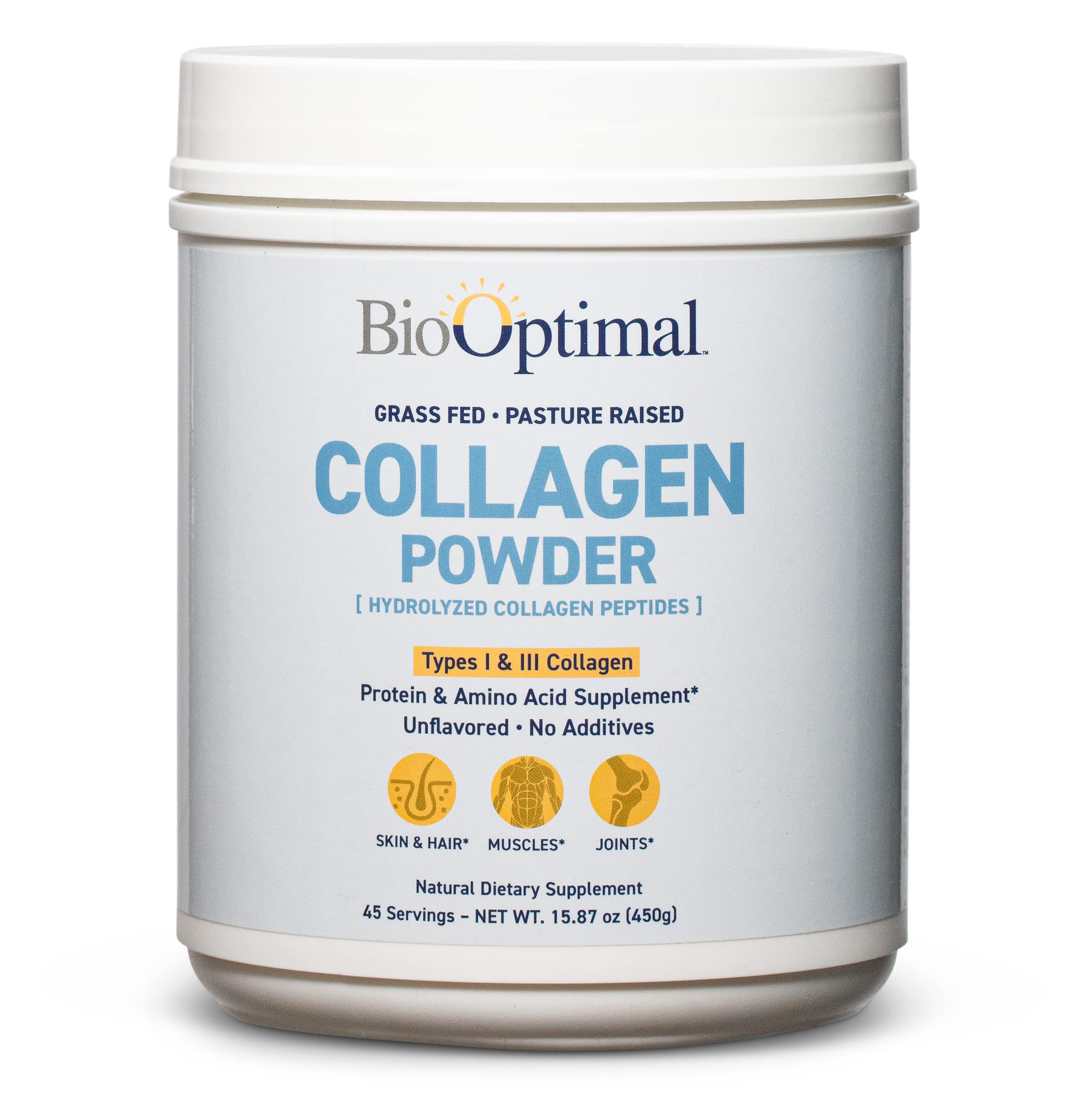 BioOptimal Collagen Peptides powder tub front for daily use