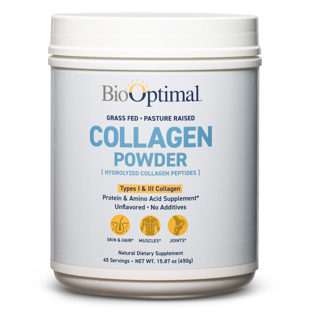 BioOptimal Collagen Peptides powder tub front for daily use