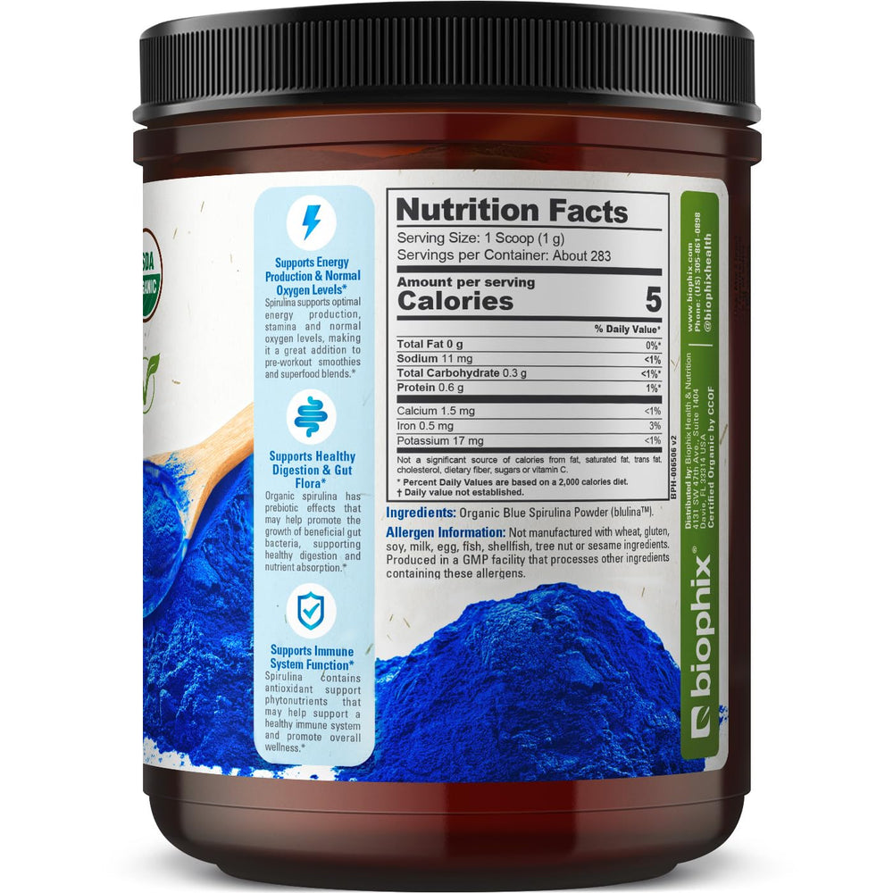 Biophix Blue Spirulina Powder bottle-label describes organic origin