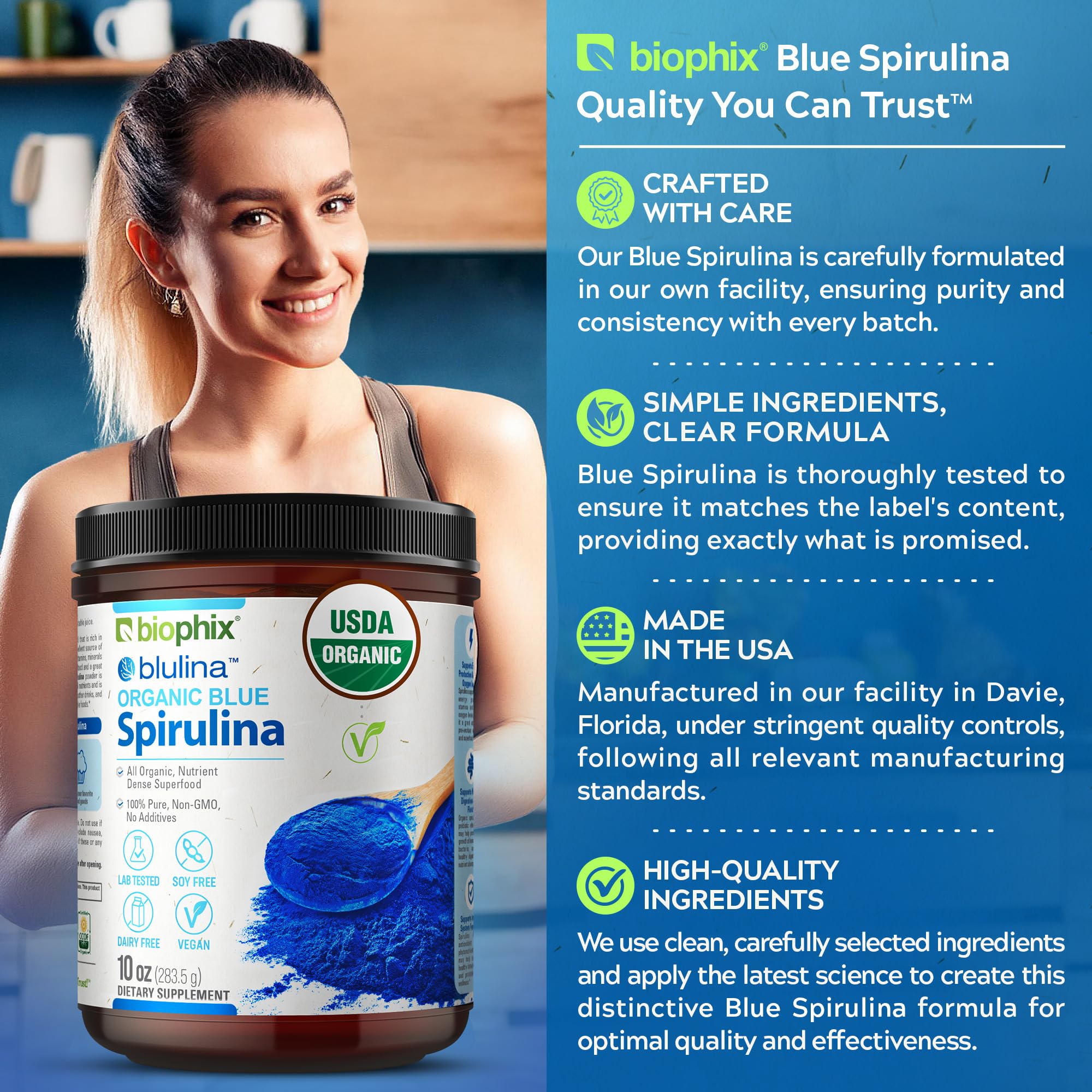 Biophix Blue Spirulina Powder jar cap for easy storage