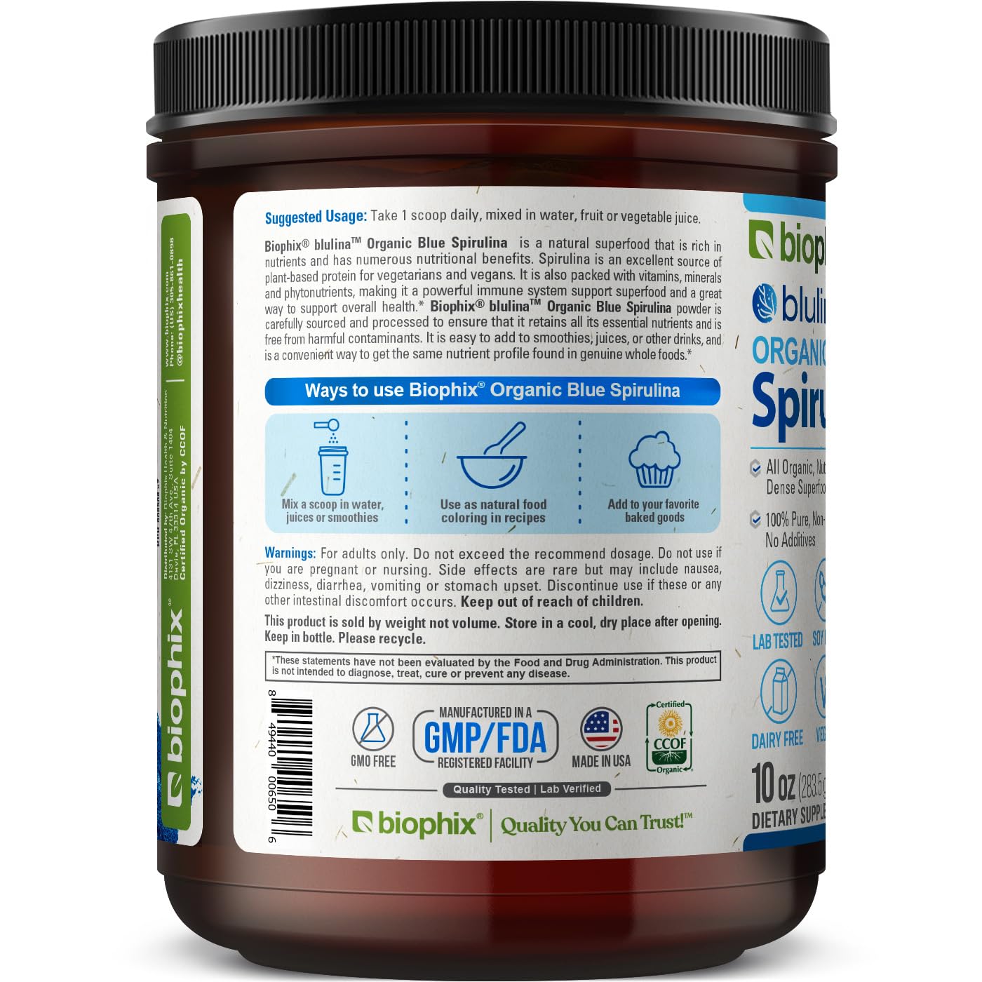 Biophix Blue Spirulina Powder packaging display signals premium quality