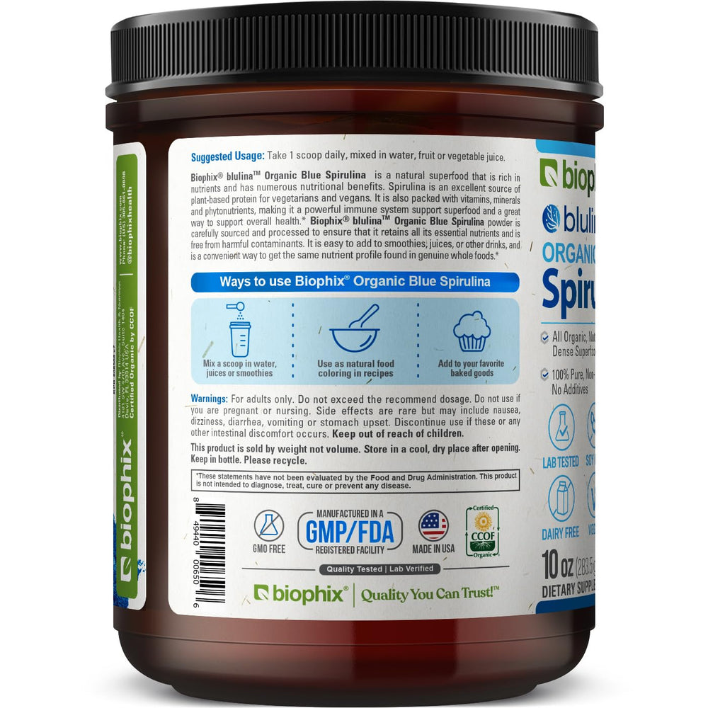 Biophix Blue Spirulina Powder packaging display signals premium quality
