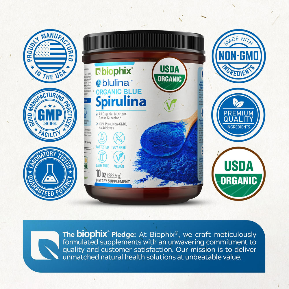 Biophix Blue Spirulina Powder spoon dip for fast mixing