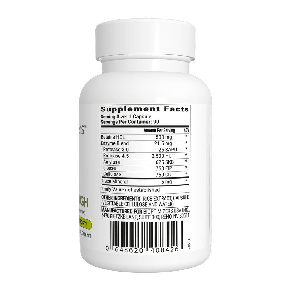 BIOptimizers HCL Breakthrough pills image shows betaine HCl supports stomach acid balance.