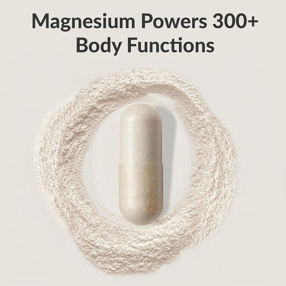 Capsules close-up highlighting seven magnesium forms for absorption.