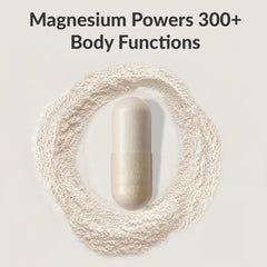 Capsules close-up highlighting seven magnesium forms for absorption.