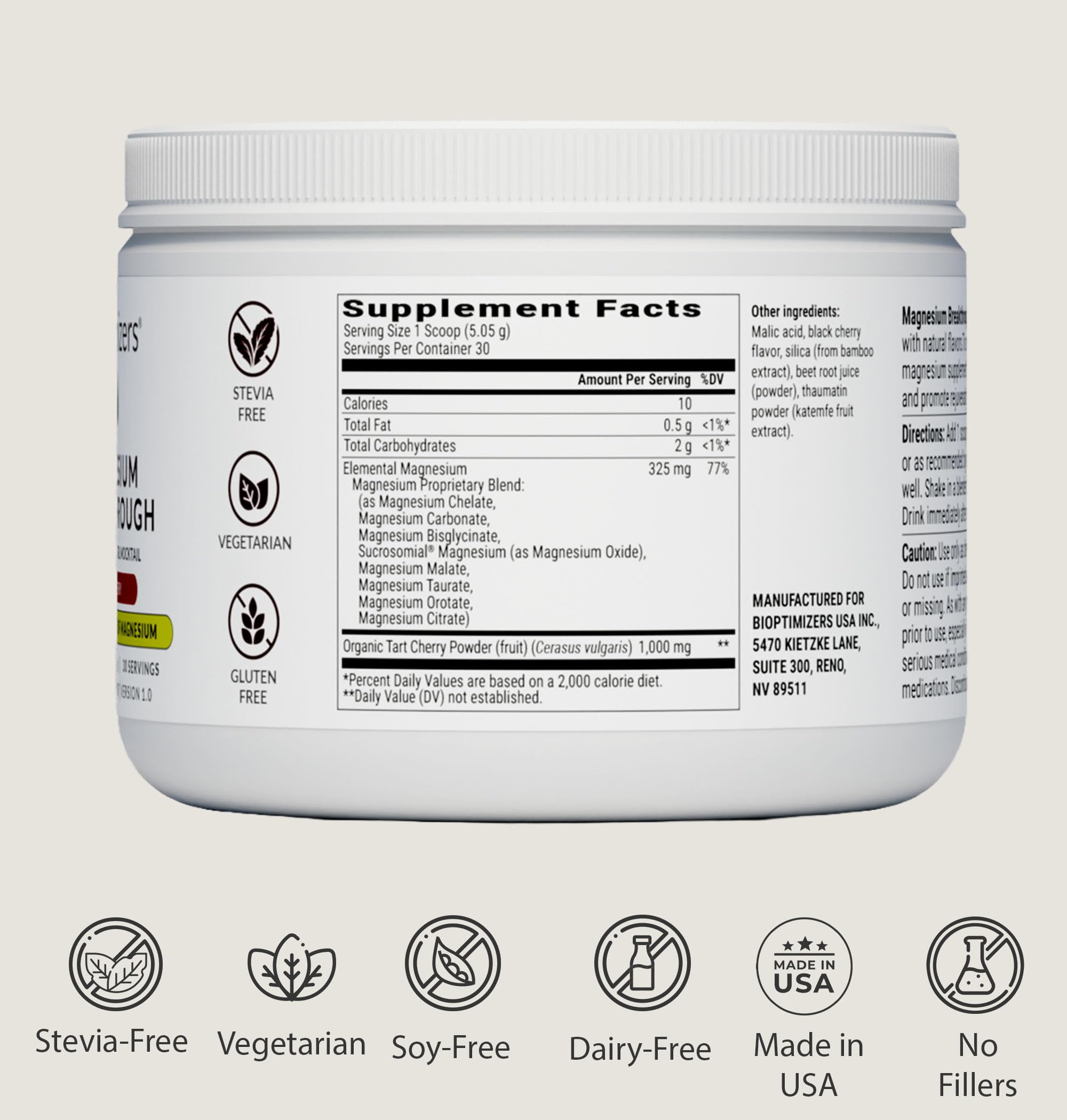 BIOptimizers Magnesium Breakthrough Drink tart cherry flavor closeup highlights natural taste.