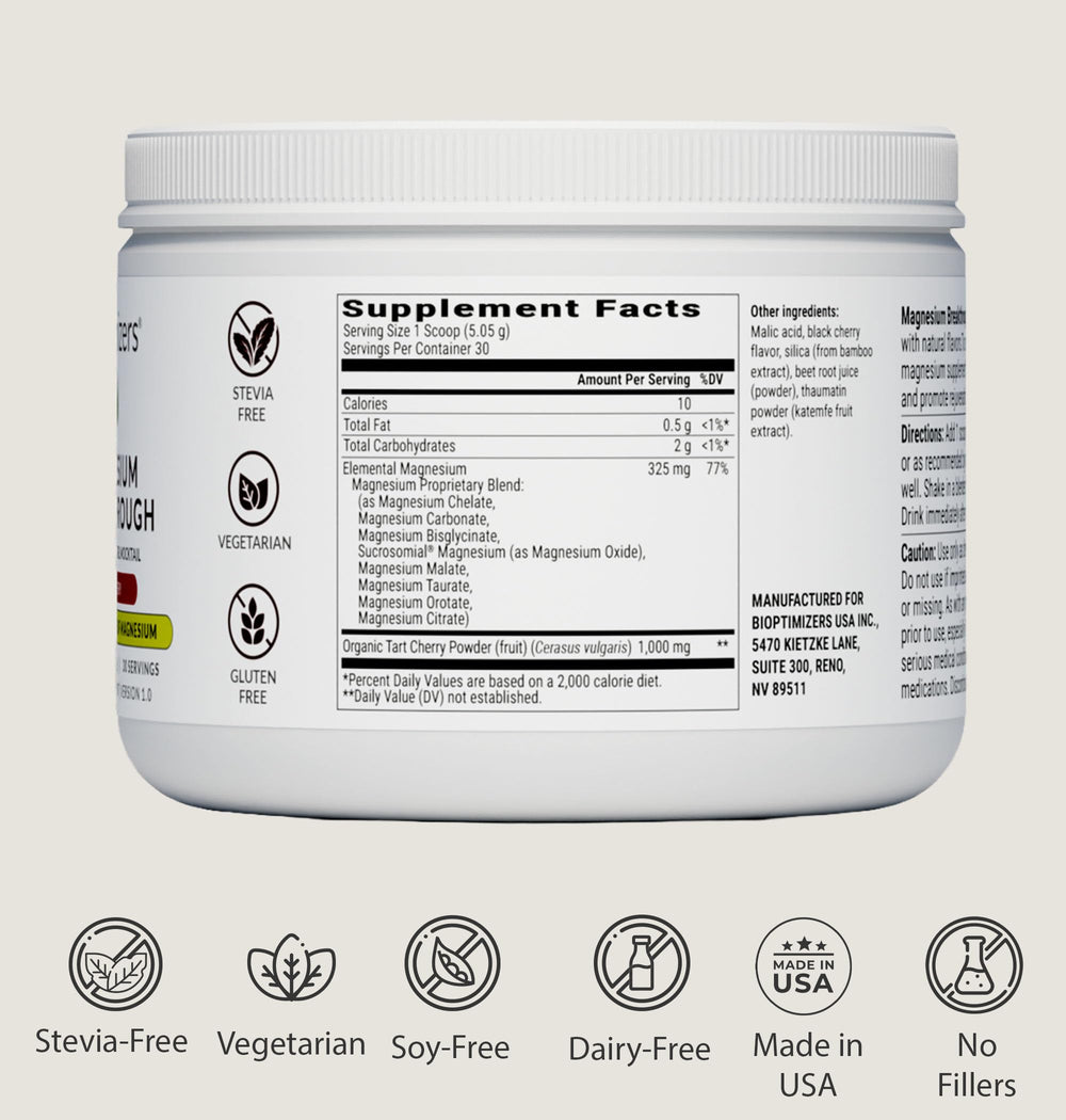 BIOptimizers Magnesium Breakthrough Drink tart cherry flavor closeup highlights natural taste.