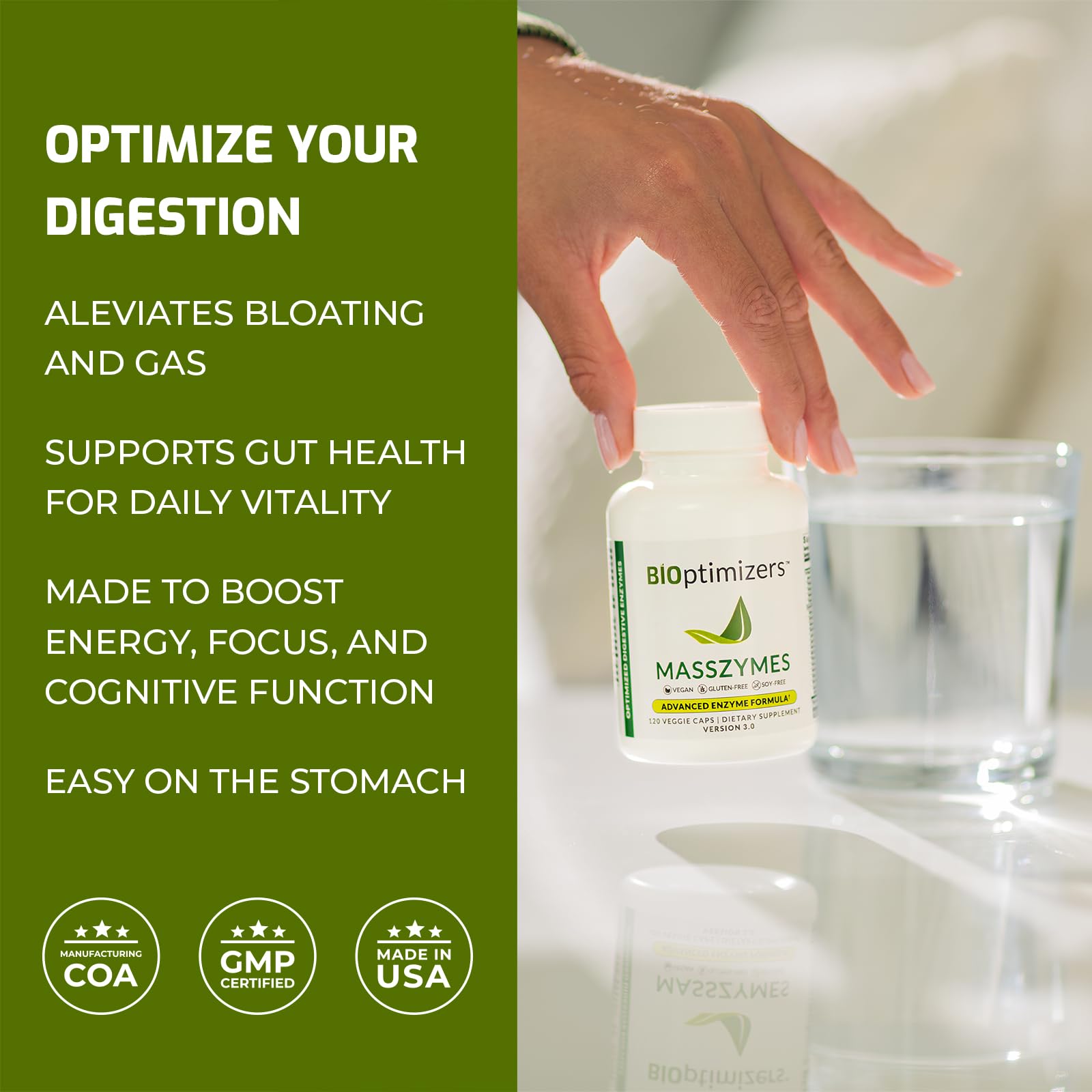 BiOptimizers MassZymes bottle label highlighting vegan, dairy-free capsules.
