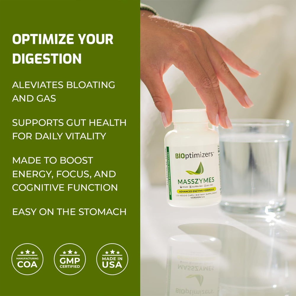 BiOptimizers MassZymes bottle label highlighting vegan, dairy-free capsules.