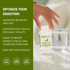 BiOptimizers MassZymes bottle label highlighting vegan, dairy-free capsules.