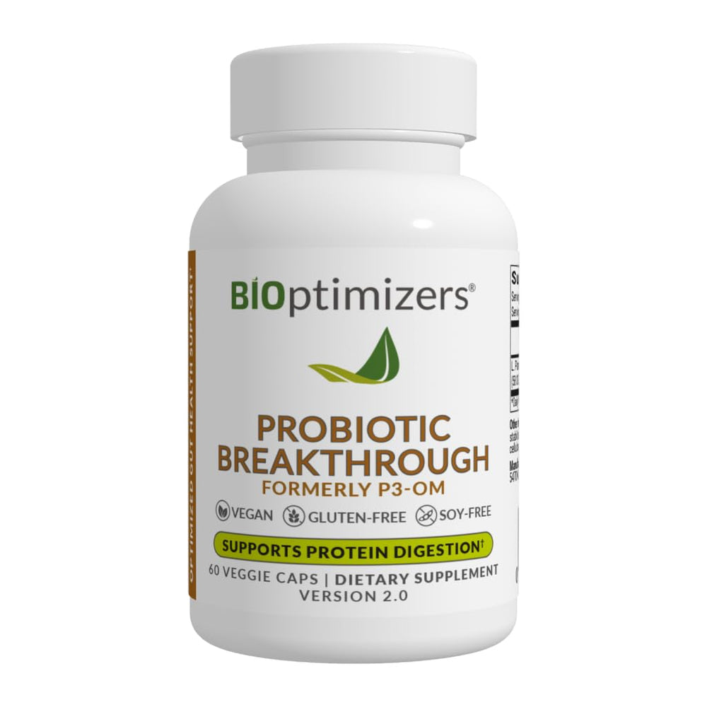 BIOptimizers Probiotic Breakthrough bottle closeup shows premium gut health support.