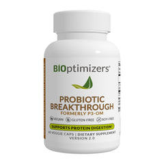 BIOptimizers Probiotic Breakthrough bottle closeup shows premium gut health support.