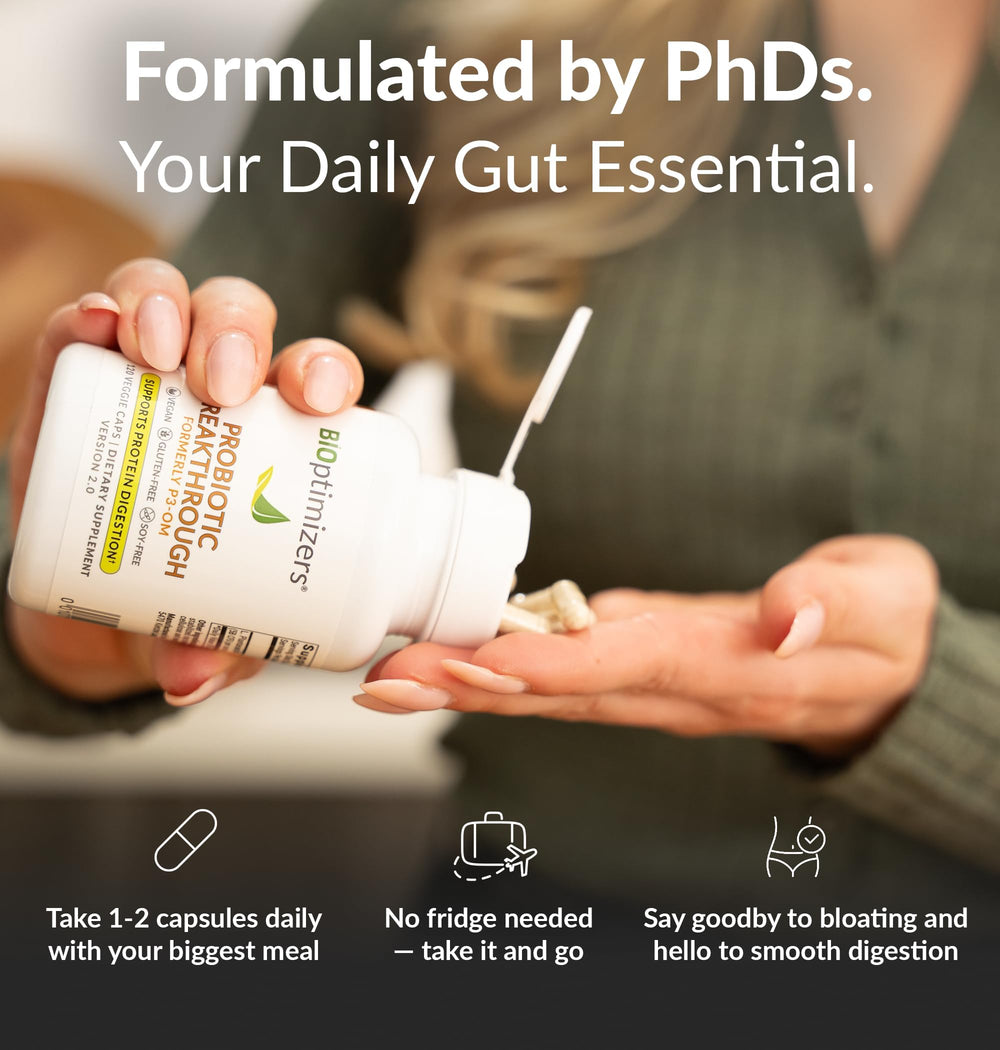 BIOptimizers Probiotic Breakthrough digestive scene suggests comfortable digestion.