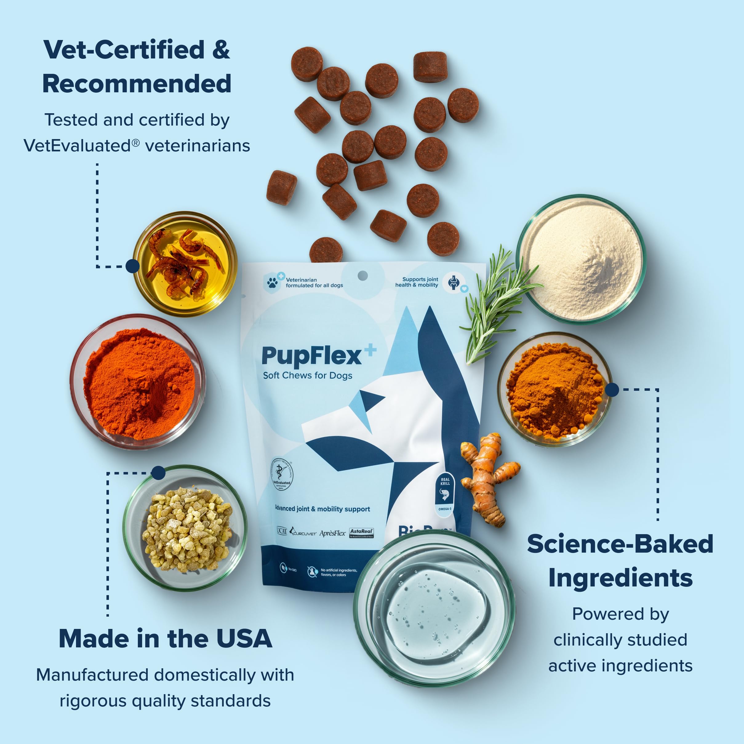 Packaging display for BioPup PupFlex+ joint supplement.