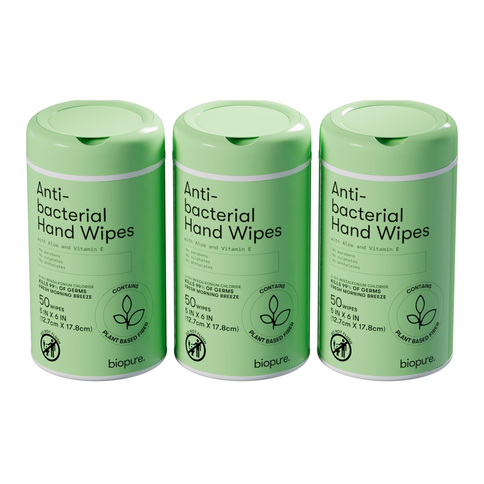 Biopure antibacterial hand wipes canister front view showing clean label.