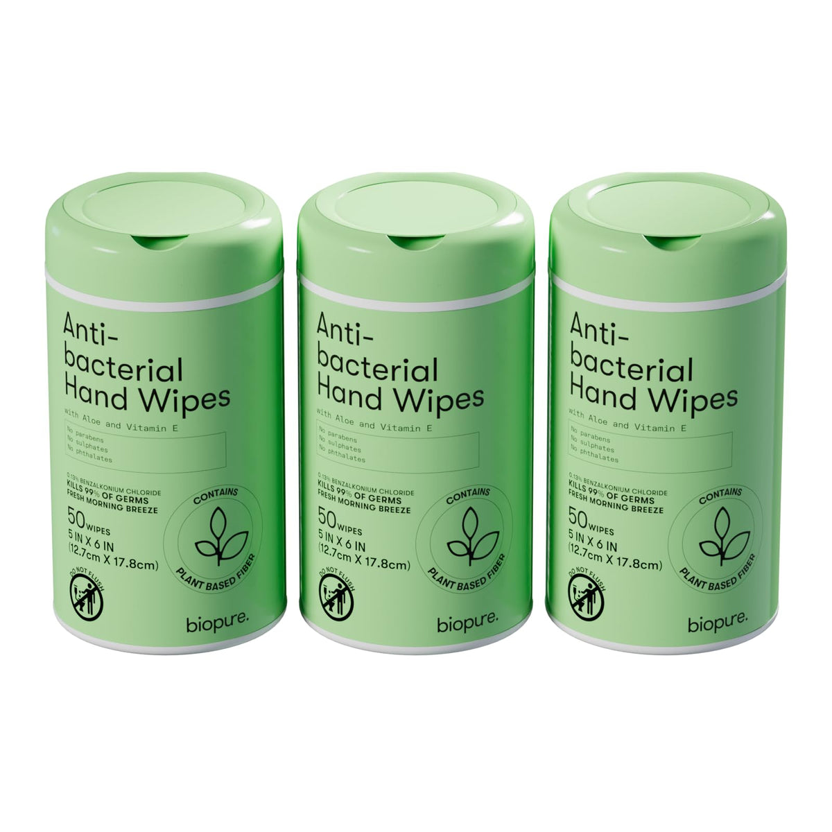 Biopure antibacterial hand wipes canister front view showing clean label.