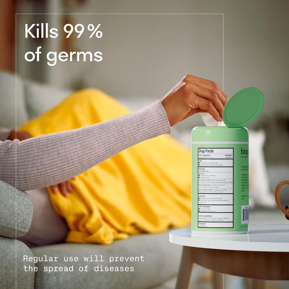 Biopure wipes featuring aloe and vitamin E for skin comfort after use.