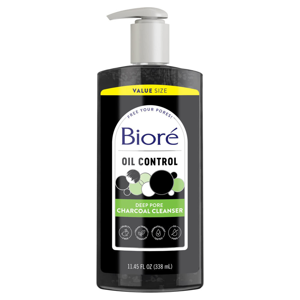 Biore Deep Pore Charcoal Face Wash bottle illustrating deep cleansing for clearer pores.