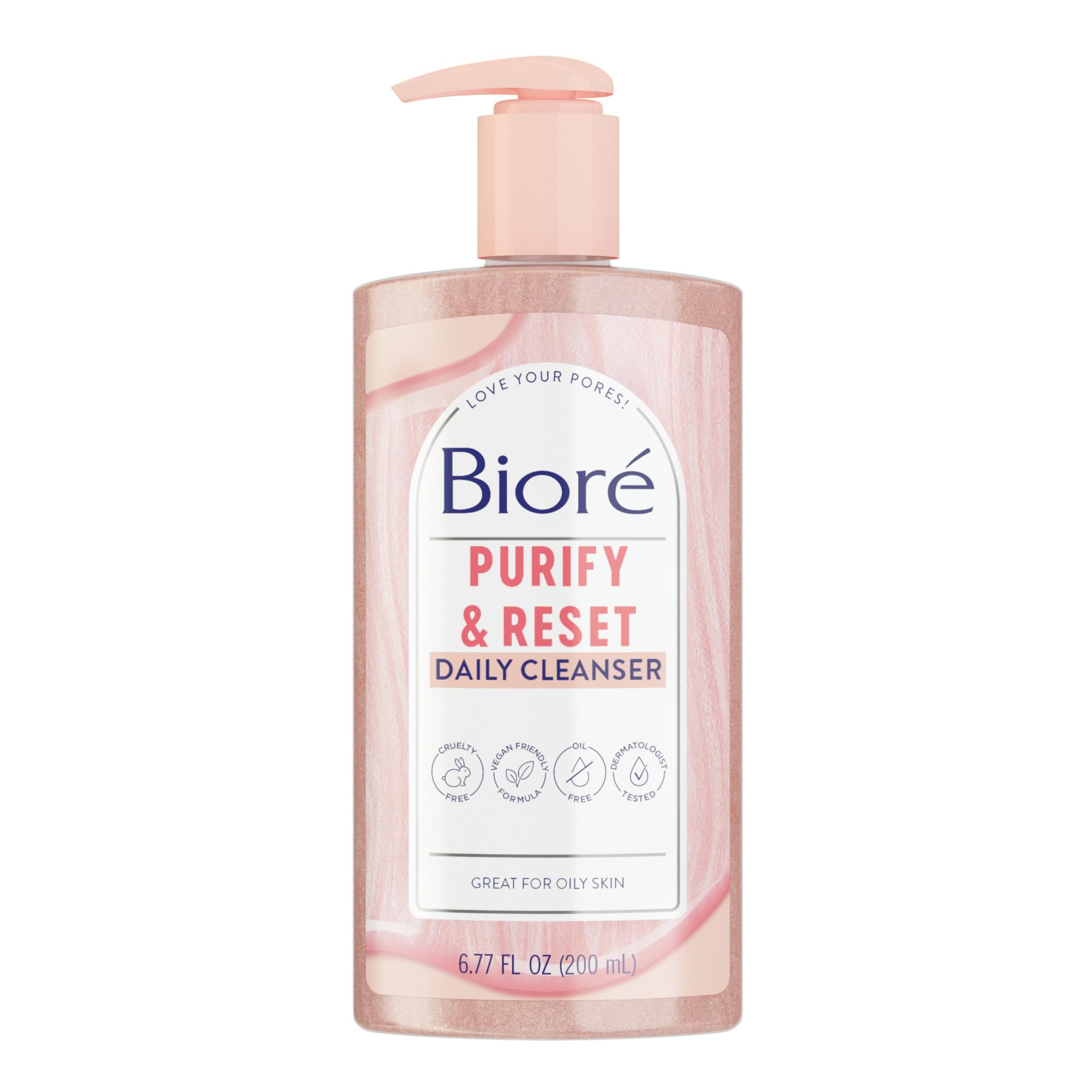Biore Rose Quartz Charcoal Daily Purifying Cleanser bottle with pump for deep pore cleansing.